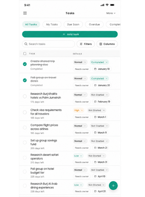 Plan & Stay mobile task list with search, filters, priorities and due dates