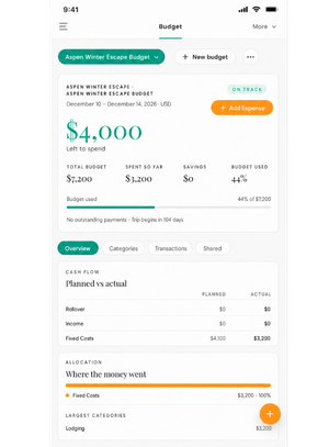 Plan & Stay mobile budget for an Aspen winter escape with spending summary