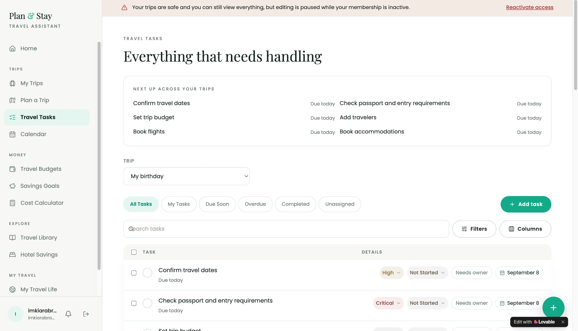 Plan & Stay travel tasks screen showing next-up tasks, filters, priorities and due dates